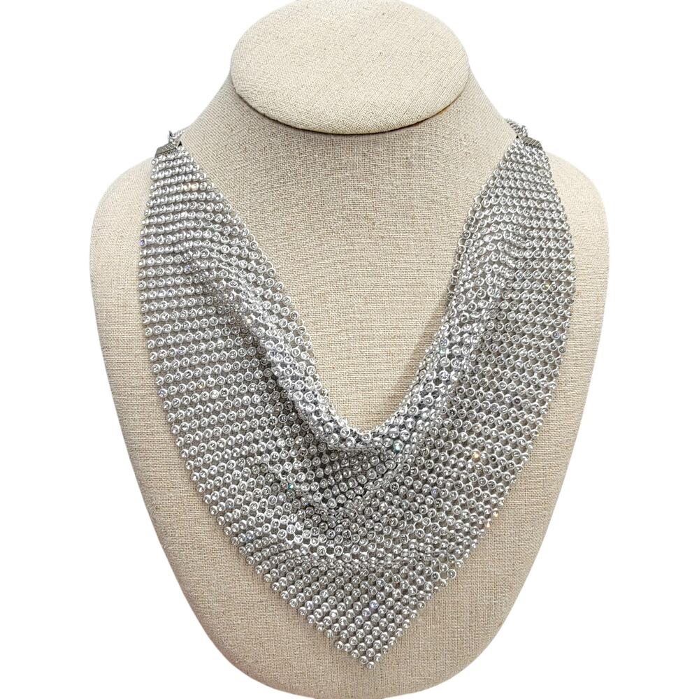 Silver Tone Rhinestone Mesh Bandana Scarf Bib Statement Choker Collar Necklace